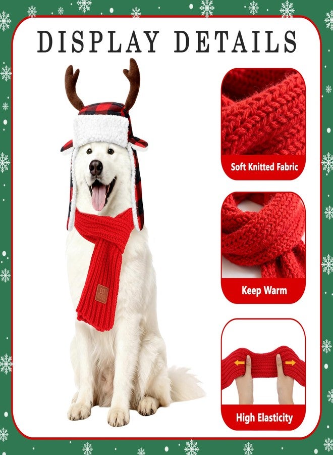 BWOGUE Christmas Antler Dog Santa Hat and Scarf, Adjustable Red Plaid Christmas Dog Hat, Pet Winter Neck Warmer and Festive Party Costumes for Medium to Large Dogs - Image 5